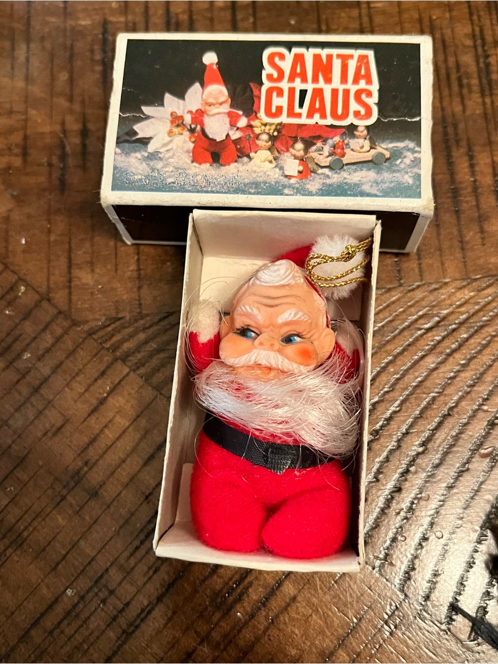 Mid Century Rubber Face Santa in Matchbox Ornament miniature 60’s Christmas